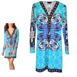 Hale Bob V Neck Mini Dress Tunic Jersey Knit Blue Paisley Print Small